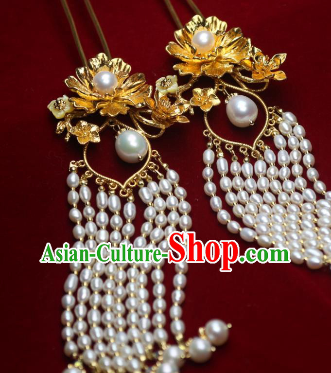 Chinese Traditional Ancient Princess Golden Peony Hairpin Handmade Tang Dynasty Pearls Tassel Hair Stick