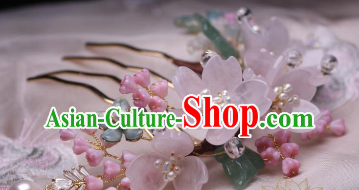 Chinese Handmade Sakura Hair Comb Traditional Ancient Princess Rose Quartz Hairpin Headwear
