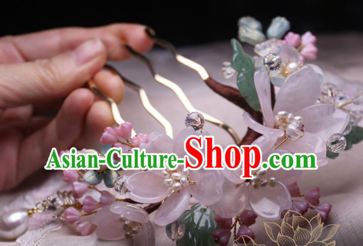 Chinese Handmade Sakura Hair Comb Traditional Ancient Princess Rose Quartz Hairpin Headwear