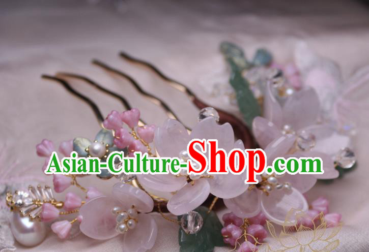 Chinese Handmade Sakura Hair Comb Traditional Ancient Princess Rose Quartz Hairpin Headwear
