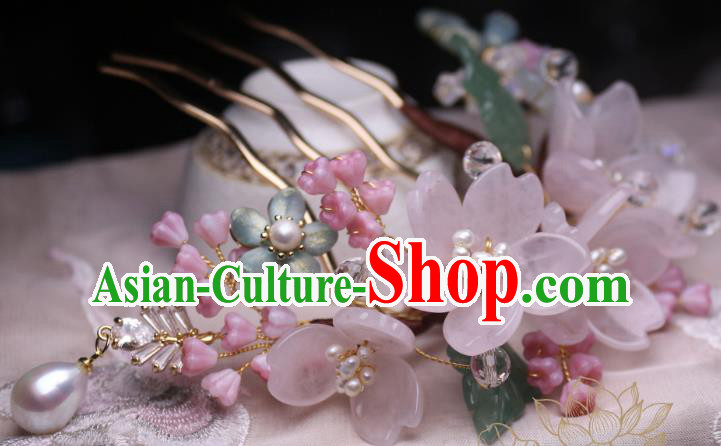 Chinese Handmade Sakura Hair Comb Traditional Ancient Princess Rose Quartz Hairpin Headwear