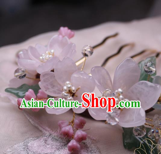 Chinese Handmade Sakura Hair Comb Traditional Ancient Princess Rose Quartz Hairpin Headwear