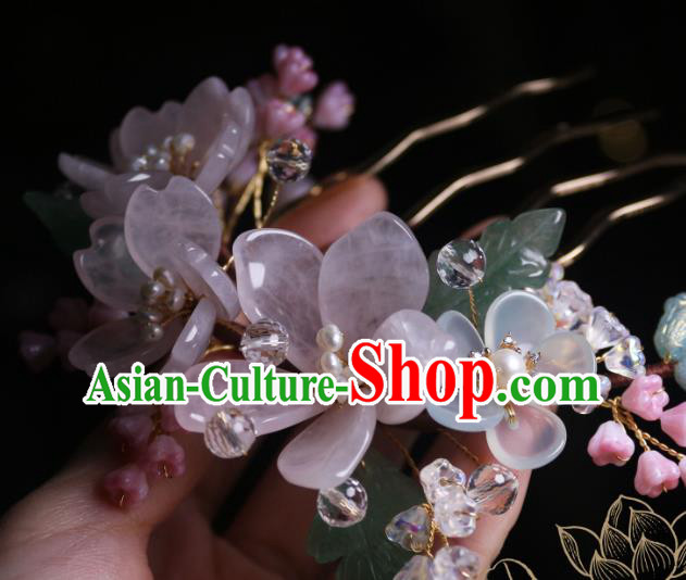 Chinese Handmade Sakura Hair Comb Traditional Ancient Princess Rose Quartz Hairpin Headwear