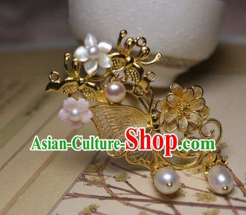 Chinese Handmade Golden Butterfly Hair Stick Traditional Ancient Princess Shell Flower Hairpin