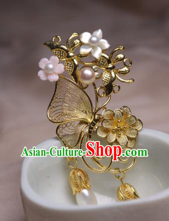 Chinese Handmade Golden Butterfly Hair Stick Traditional Ancient Princess Shell Flower Hairpin