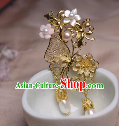 Chinese Handmade Golden Butterfly Hair Stick Traditional Ancient Princess Shell Flower Hairpin