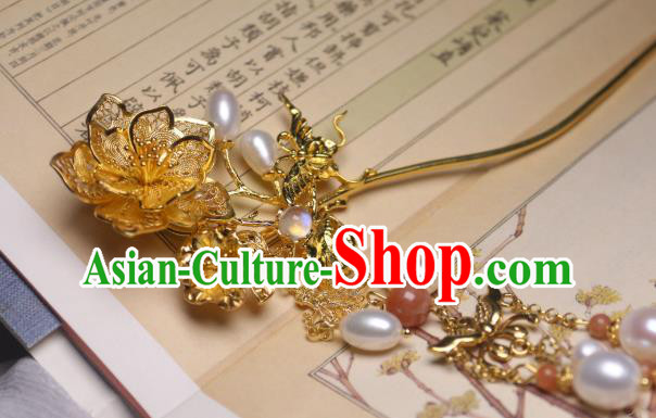 Chinese Handmade Pearls Tassel Hair Stick Traditional Ancient Princess Golden Peach Blossom Hairpin