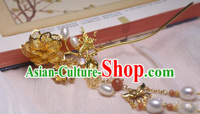 Chinese Handmade Pearls Tassel Hair Stick Traditional Ancient Princess Golden Peach Blossom Hairpin