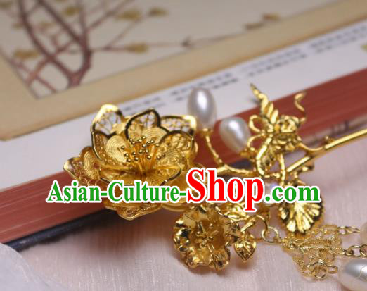Chinese Handmade Pearls Tassel Hair Stick Traditional Ancient Princess Golden Peach Blossom Hairpin