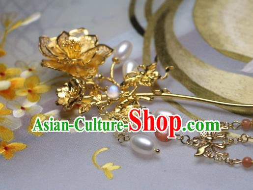 Chinese Handmade Pearls Tassel Hair Stick Traditional Ancient Princess Golden Peach Blossom Hairpin