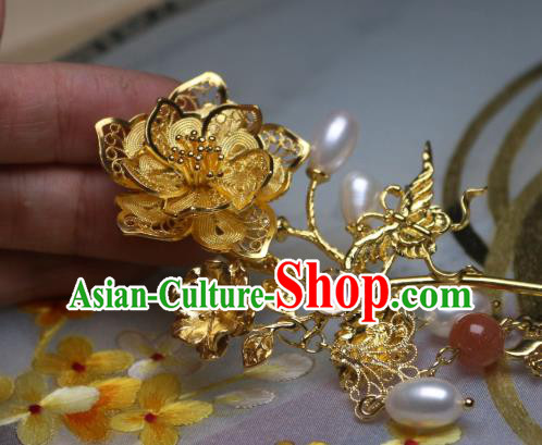 Chinese Handmade Pearls Tassel Hair Stick Traditional Ancient Princess Golden Peach Blossom Hairpin