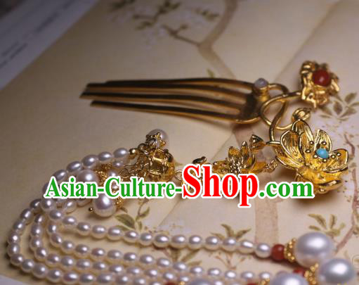 Chinese Handmade Golden Lotus Hair Comb Traditional Ancient Princess Pearls Tassel Hairpin Headwear