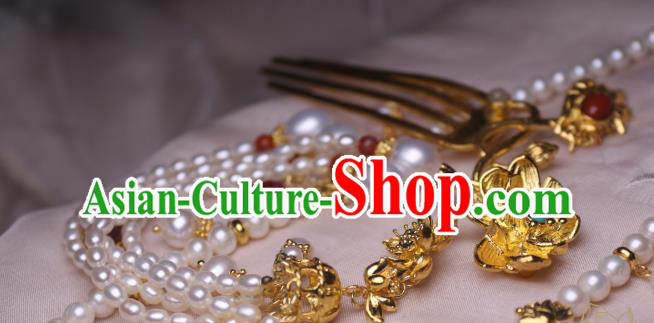 Chinese Handmade Golden Lotus Hair Comb Traditional Ancient Princess Pearls Tassel Hairpin Headwear