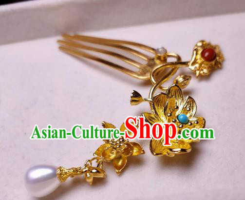 Chinese Handmade Golden Lotus Hair Comb Traditional Ancient Princess Pearls Tassel Hairpin Headwear