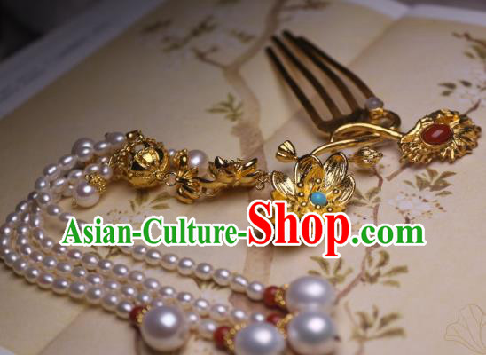 Chinese Handmade Golden Lotus Hair Comb Traditional Ancient Princess Pearls Tassel Hairpin Headwear