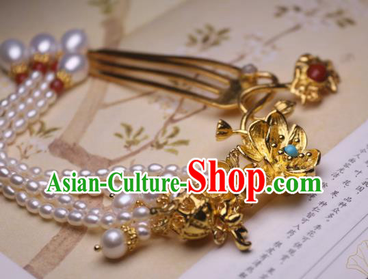 Chinese Handmade Golden Lotus Hair Comb Traditional Ancient Princess Pearls Tassel Hairpin Headwear