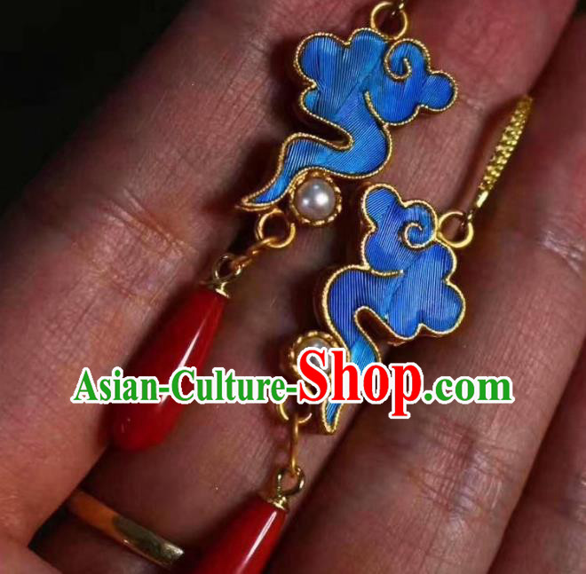 China Traditional Cheongsam Blue Cloud Earrings Classical Pearl Agate Ear Jewelry