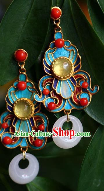 China Traditional Cheongsam White Jade Earrings Classical Chalcedony Ear Jewelry