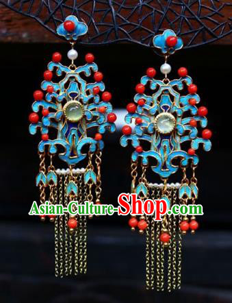 China Traditional Cheongsam Golden Tassel Earrings Classical Red Beads Ear Jewelry