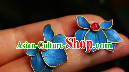 China Classical Garnet Ear Jewelry Traditional Cheongsam Blue Orchids Earrings