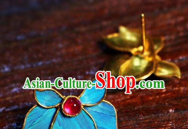 China Classical Garnet Ear Jewelry Traditional Cheongsam Blue Orchids Earrings