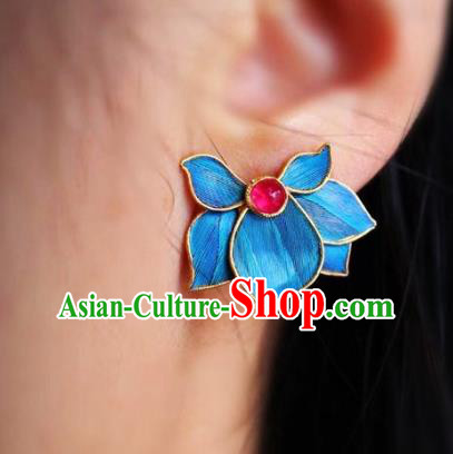 China Classical Garnet Ear Jewelry Traditional Cheongsam Blue Orchids Earrings