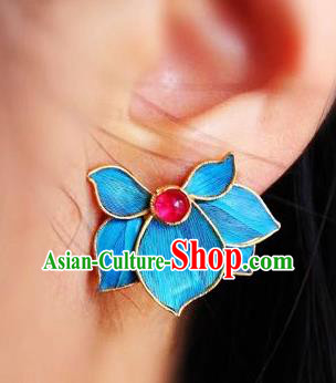 China Classical Garnet Ear Jewelry Traditional Cheongsam Blue Orchids Earrings