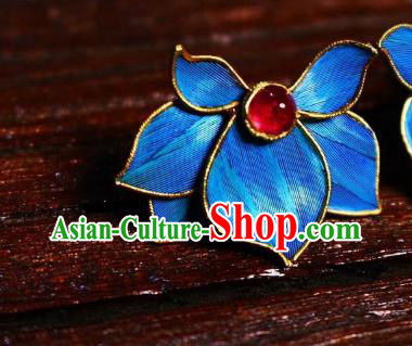 China Classical Garnet Ear Jewelry Traditional Cheongsam Blue Orchids Earrings