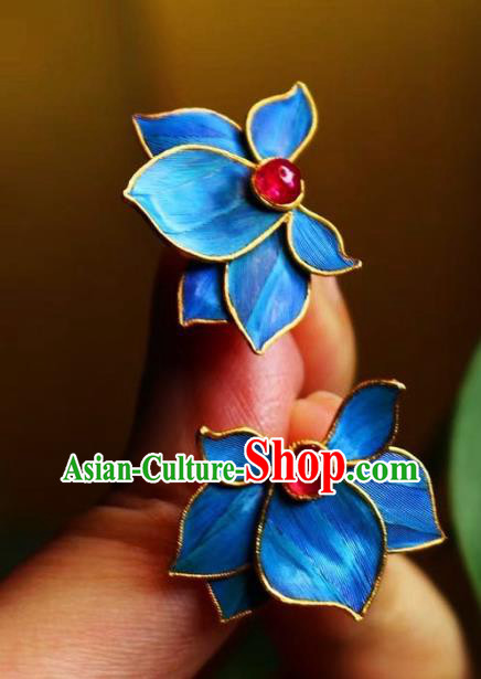 China Classical Garnet Ear Jewelry Traditional Cheongsam Blue Orchids Earrings