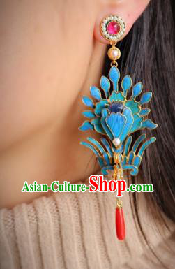 China Classical Pearls Tourmaline Ear Jewelry Traditional Cheongsam Blueing Phoenix Earrings