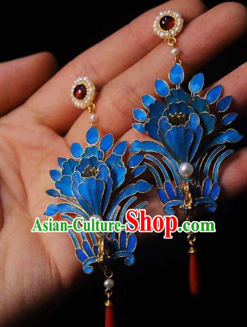 China Classical Pearls Tourmaline Ear Jewelry Traditional Cheongsam Blueing Phoenix Earrings