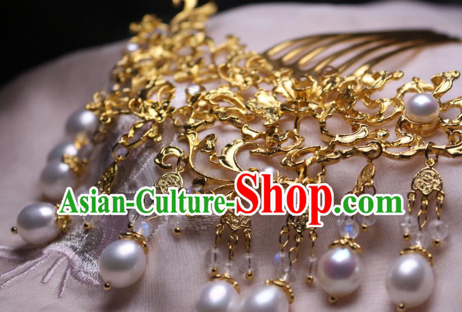 Chinese Handmade Tang Dynasty Queen Hair Comb Traditional Ancient Empress Pearls Hairpin