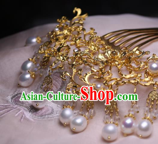 Chinese Handmade Tang Dynasty Queen Hair Comb Traditional Ancient Empress Pearls Hairpin