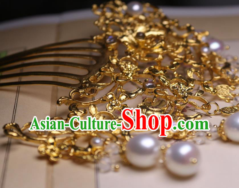 Chinese Handmade Tang Dynasty Queen Hair Comb Traditional Ancient Empress Pearls Hairpin