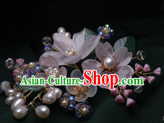 Chinese Handmade Ming Dynasty Pearls Hair Stick Traditional Ancient Princess Pink Begonia Hairpin