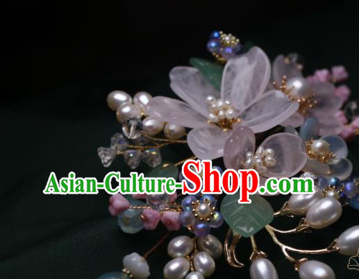 Chinese Handmade Ming Dynasty Pearls Hair Stick Traditional Ancient Princess Pink Begonia Hairpin