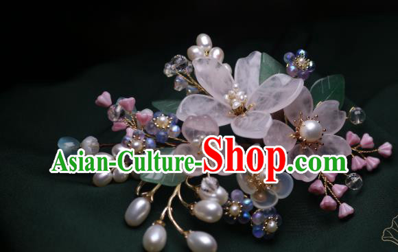 Chinese Handmade Ming Dynasty Pearls Hair Stick Traditional Ancient Princess Pink Begonia Hairpin