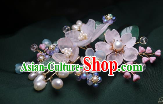 Chinese Handmade Ming Dynasty Pearls Hair Stick Traditional Ancient Princess Pink Begonia Hairpin