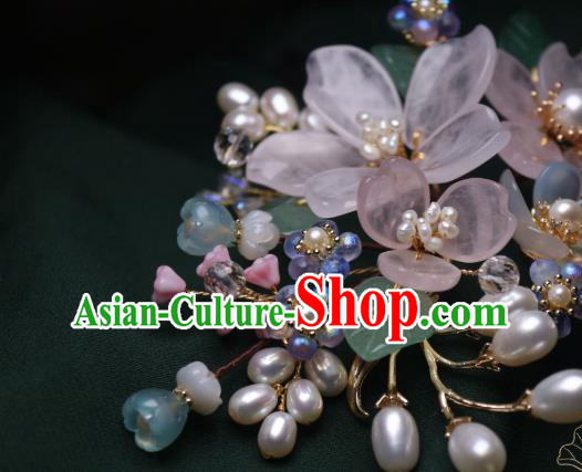 Chinese Handmade Ming Dynasty Pearls Hair Stick Traditional Ancient Princess Pink Begonia Hairpin