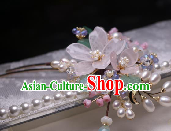 Chinese Handmade Ming Dynasty Pearls Hair Stick Traditional Ancient Princess Pink Begonia Hairpin