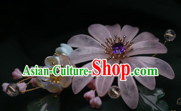 Chinese Handmade Amethyst Hair Stick Traditional Ancient Princess Pink Chrysanthemum Hairpin Headpiece