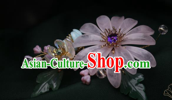 Chinese Handmade Amethyst Hair Stick Traditional Ancient Princess Pink Chrysanthemum Hairpin Headpiece