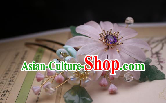 Chinese Handmade Amethyst Hair Stick Traditional Ancient Princess Pink Chrysanthemum Hairpin Headpiece