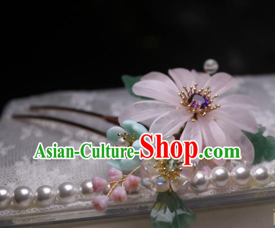 Chinese Handmade Amethyst Hair Stick Traditional Ancient Princess Pink Chrysanthemum Hairpin Headpiece