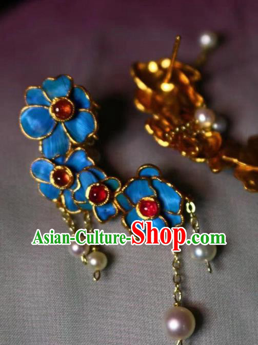 China Classical Tourmaline Ear Jewelry Traditional Cheongsam Pearls Tassel Earrings