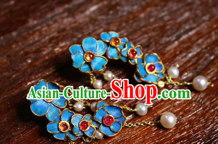 China Classical Tourmaline Ear Jewelry Traditional Cheongsam Pearls Tassel Earrings