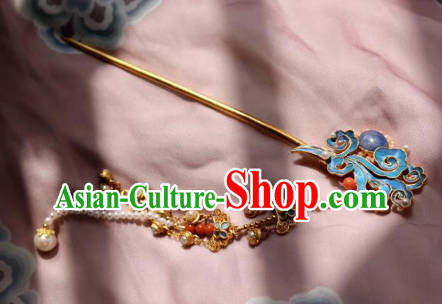 Chinese Handmade Pearls Tassel Hair Stick Traditional Ancient Qing Dynasty Imperial Consort Lapis Hairpin