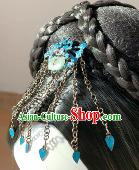 Chinese Handmade Blue Butterfly Hair Stick Traditional Ancient Qing Dynasty Jade Tassel Hairpin