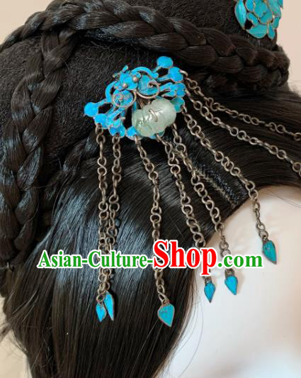 Chinese Handmade Blue Butterfly Hair Stick Traditional Ancient Qing Dynasty Jade Tassel Hairpin