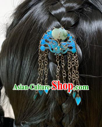 Chinese Handmade Blue Butterfly Hair Stick Traditional Ancient Qing Dynasty Jade Tassel Hairpin